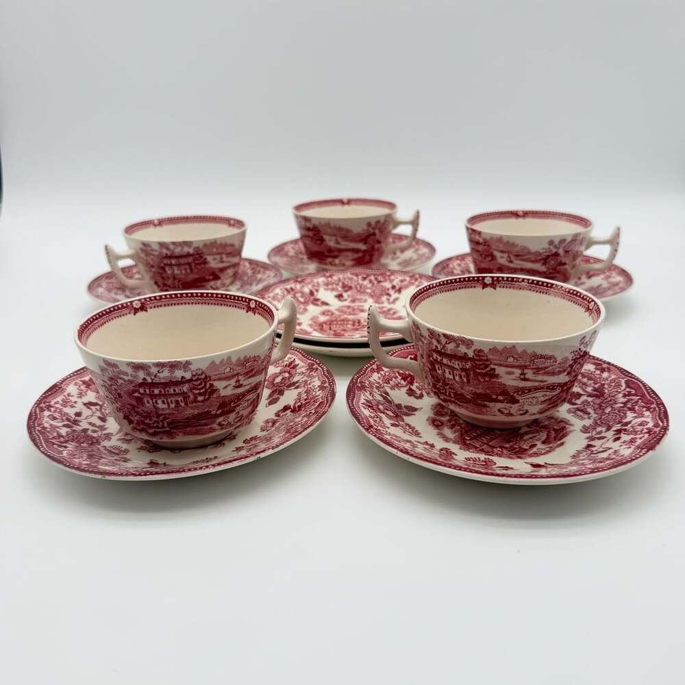 Royal Staffordshire Clarice Cliff Tonquin Red Teacup and Saucer Set